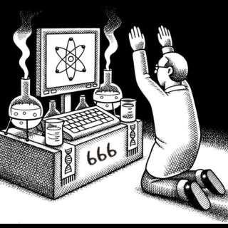 A man praying in front of an altar with a computer displaying an atom, tapestery with DNA markets and various pieces of laboratory glass wear. The base of the altar bears the marking '666'