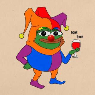 The honkler, in a jester suit, holding a glass of wine. Caption: Honk Honk