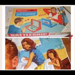 A vintage gamebox for Battleship. A father and son playing, while mother and daughter do the dishes