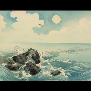 Clashing waves on stones, done in Japanese woodblock print style.