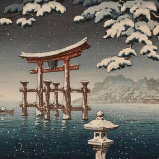 Snow covered Tori on the water, done in Japanese woodblock print style.