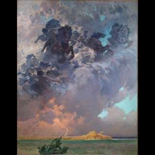 An open field with omnimous clouds. The clouds depict the 4 horsemen of the apocalypse.