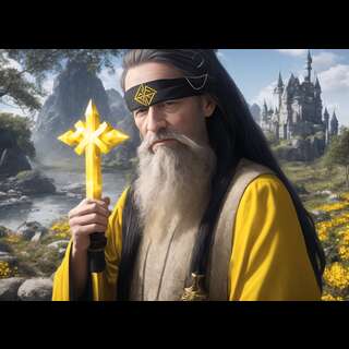 A based priest with a long flowing grey bear holding a golden cross with a castle in the background.