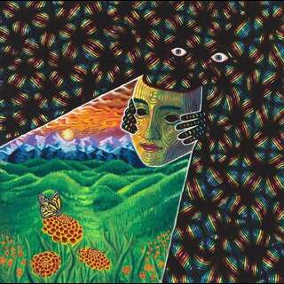 Surreal art, a pair of eyes, that takes of a mask. The mask projects reality, the area around the pair of eyes the infinite universe.