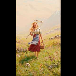 A white woman in traditional european working clothes, walking through a field carrying a water basket and a rake.
