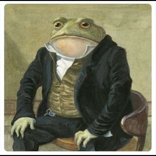 A frog, in a business suit, sitting upright on a chair.