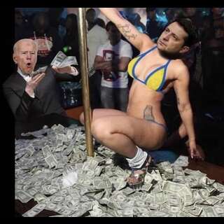 Volodymyr Zelenskyy photoshopped as an exotic stripper with Joe Biden pitching money onto the dance platform.