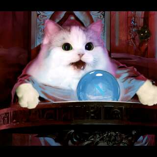 A cat, pondering a blue orb.