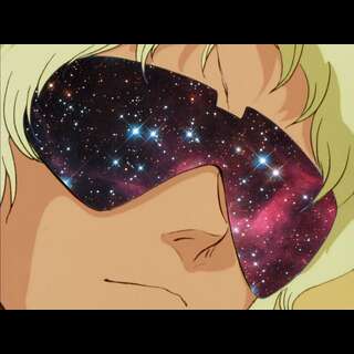 Char Aznable from Zeta Gundam. Closeup with the universe photoshopped on his sunglasses.