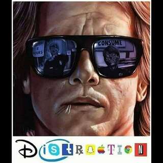 A reference to 'They Live'. Caption: 'Distraction' spelled out with the logos of popular companies