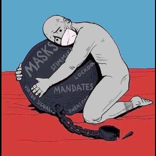 An NPC, holding on to a ball and chain with markings, despite no longer attached to his ankle. Markings: Masks, Stimmies, Lockdown, Mandates, Virtue Signalling, Sweatpad