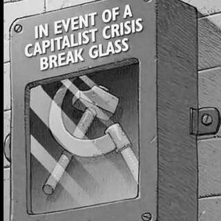 A hammer and sickle in an emergency enclosure. Caption: In event of capitalist crisis break glass.