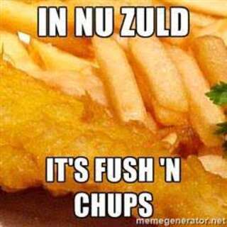 Fish and Chips. Caption: In nu zuld, it is fush 'n chups [sic]