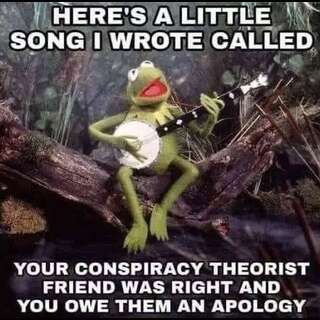 Kermit the frog with a Banjo. Caption: Here's a little song I wrote called, your conspiracy theorist friend was right and you owe them an apology.