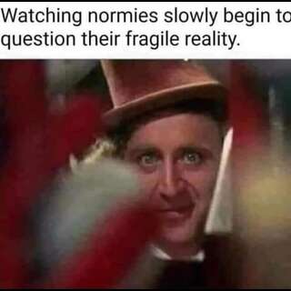 Gene Wilder as Willy Wonka, looking at the viewer. Caption: Watching normies slowly begin to question their fragile reality.
