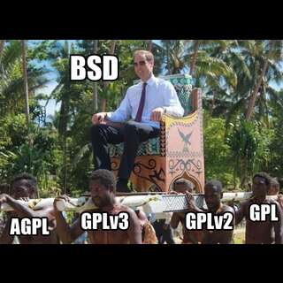 Prince William on a throne carried by island natives. Prince William represents the BSD license, the natives AGPL, GPLv3, GPLv2 and GPL licenses respectively.